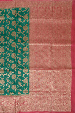 Emerald Green Banarasi Saree with Zari Floral Jaal and Red Border