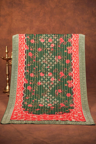 Bottle green Bandhani-pattern Dola silk dupatta with floral motifs, scalloped red zari border and woven green Banarasi edge