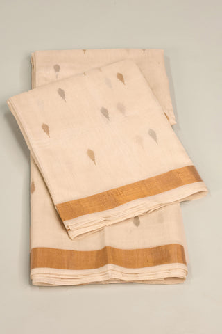 Off-White Uppada Silk Saree with Gold and Silver Zari Buttas & Gold Border – Shop now for this Uppada silk saree online.