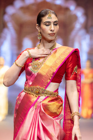 Dual tone pink Kanjivaram silk saree with gold zari jaal pallu