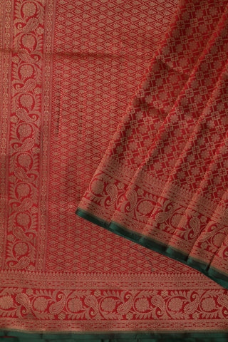 Crimson Red Banarasi Silk Saree with zari motifs and teal border