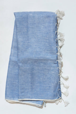 Powder Blue and White Pure Linen Saree