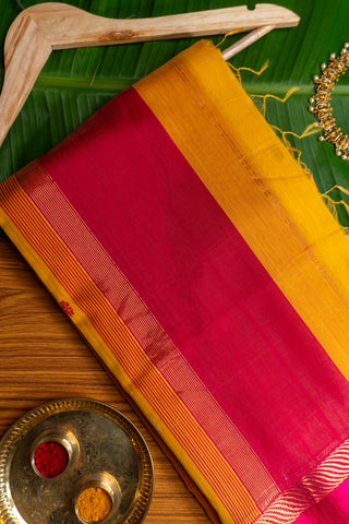 Yellow and Rani Pink Silk Cotton Maheshwari Saree