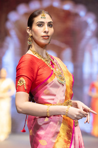 Dual tone pink Kanjivaram silk saree with gold zari jaal pallu