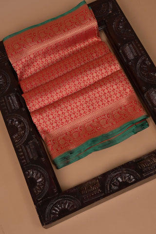 Crimson Red Banarasi Silk Saree with zari motifs and teal border