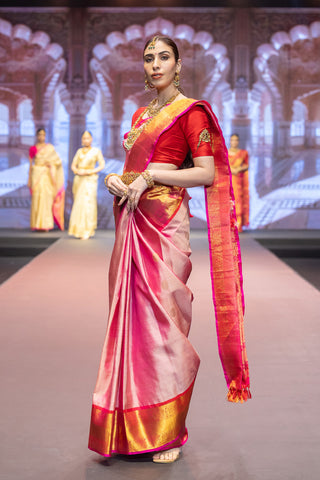 Dual tone pink Kanjivaram silk saree with gold zari jaal pallu