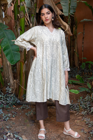 Off-white Linen Kurta Set with Brown Pants