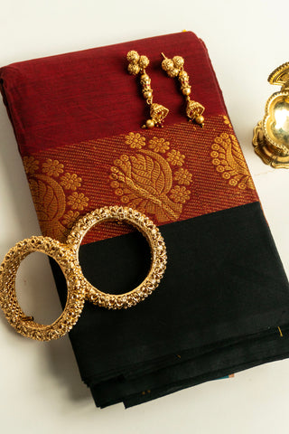 Maroon and Black Chettinad Cotton Saree with Gold Zari Peacock and Floral Border