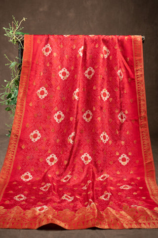 Red Banarasi Dola silk dupatta with digital Bandhani print