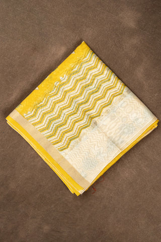 Yellow Chanderi dupatta with lotus print and zig zag pallu