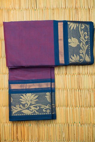 Jamuni purple Chettinad cotton saree with navy blue border and copper zari stripe detailing
