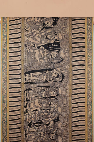 Monochrome Kalamkari silk saree with golden border