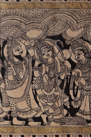 Monochrome Kalamkari silk saree with golden border