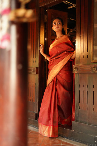 Dull Maroon Dhoop Chhaon Kanjivaram Pure Silk Saree with Gold Zari Floral Buttas Peacock Border and Heavy Brocade Pallu