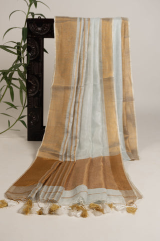 White linen saree with gold zari border