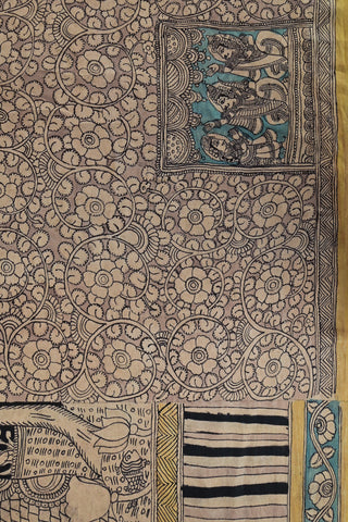 Monochrome Kalamkari silk saree with golden border
