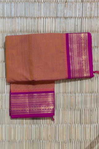Orange and Pink Chettinad Cotton Saree with Bright Pink Zari Border