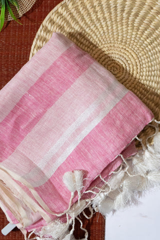 Light Pink and White Pure Linen Saree