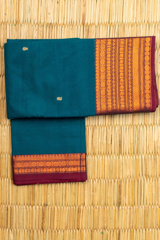 Teal Green Cotton Saree with Copper Orange Rudraksham Motif Border