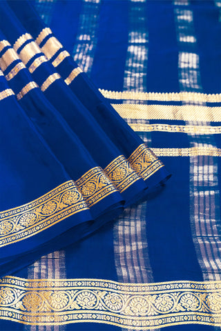 Royal blue Mysore silk saree with gold zari border and pallu