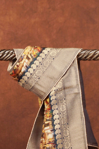 Dola silk dupatta with digital print of Indian royal darbar procession, navy floral jaal and antique silver zari border