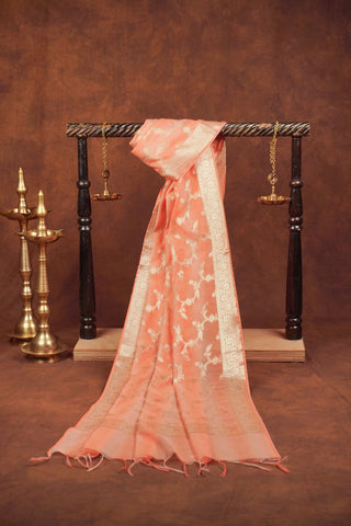Peach art Banarasi silk dupatta with all-over gold zari floral vine jaal, zari borders and handcrafted tassels
