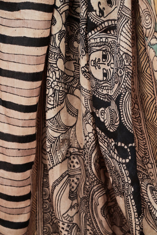 Monochrome Kalamkari silk saree with golden border