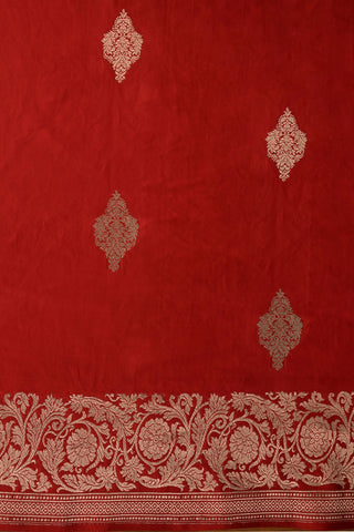 Red Mashru Silk Saree with gold paisley buttas and floral border