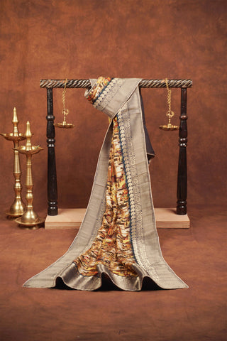 Dola silk dupatta with digital print of Indian royal darbar procession, navy floral jaal and antique silver zari border