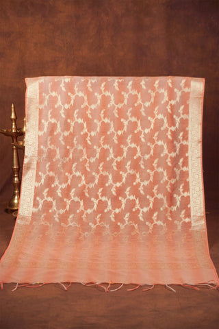 Peach art Banarasi silk dupatta with all-over gold zari floral vine jaal, zari borders and handcrafted tassels