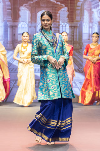 Royal blue Mysore silk saree with gold zari border and pallu