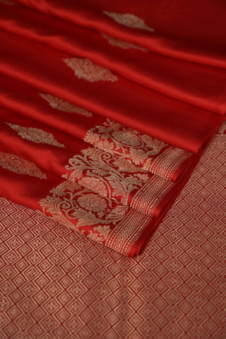 Red Mashru Silk Saree with gold paisley buttas and floral border