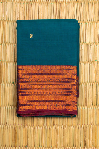 Teal Green Cotton Saree with Copper Orange Rudraksham Motif Border