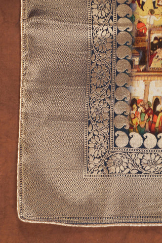 Dola silk dupatta with digital print of Indian royal darbar procession, navy floral jaal and antique silver zari border
