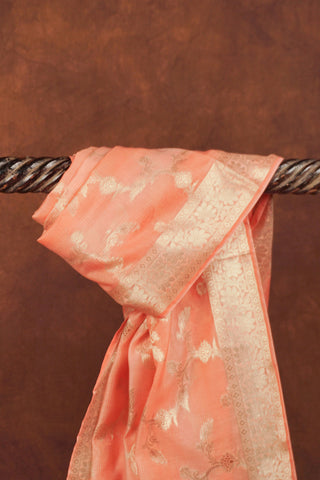 Peach art Banarasi silk dupatta with all-over gold zari floral vine jaal, zari borders and handcrafted tassels