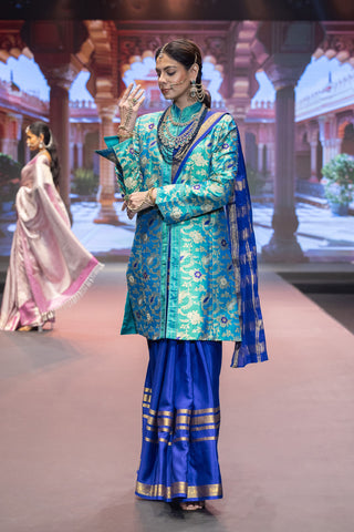 Royal blue Mysore silk saree with gold zari border and pallu