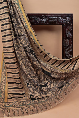 Monochrome Kalamkari silk saree with golden border