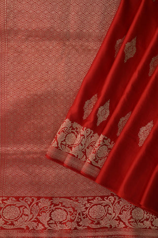 Red Mashru Silk Saree with gold paisley buttas and floral border