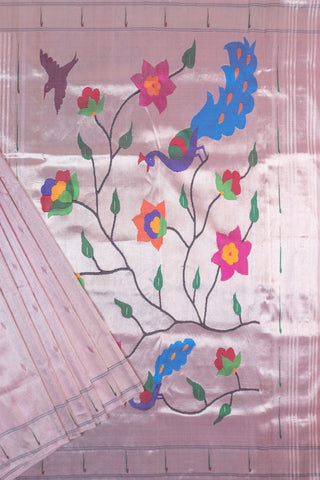 Pink Paithani Tissue Saree with woven peacocks and floral motifs