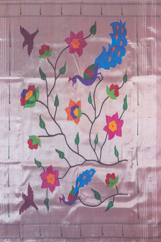 Pink Paithani Tissue Saree with woven peacocks and floral motifs