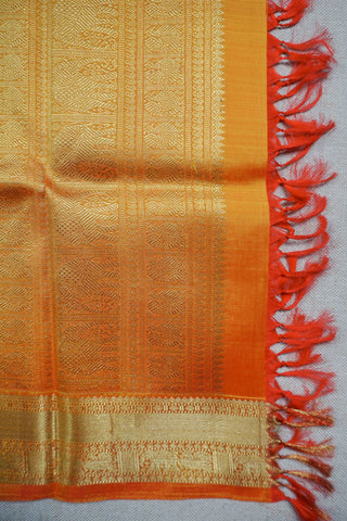 Copper orange shot silk Kanjivaram saree with red Meenakari peacock vine motifs and gold zari brocade border