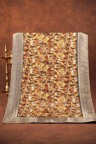 Dola silk dupatta with digital print of Indian royal darbar procession, navy floral jaal and antique silver zari border