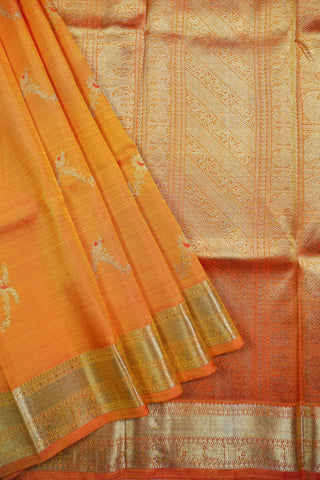 Copper orange shot silk Kanjivaram saree with red Meenakari peacock vine motifs and gold zari brocade border
