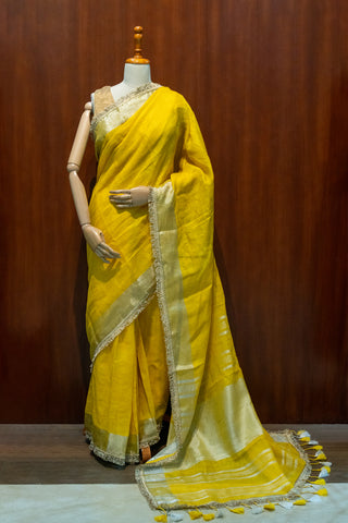 Sunshine Yellow Pure Linen Saree with Delicate Beaded Fringe Border