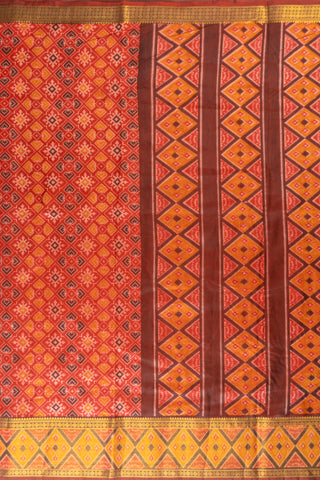 Red and Gold Art Silk Patola Print Saree with diamond ikat motifs