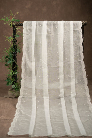 White Kota Doria dupatta with scalloped embroidery border and booti work