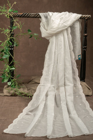 White Kota Doria dupatta with scalloped embroidery border and booti work