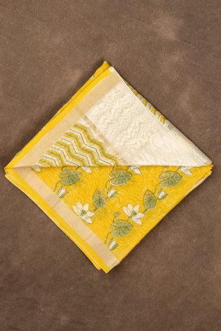 Yellow Chanderi dupatta with lotus print and zig zag pallu