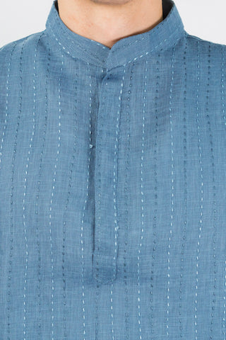 Steel Blue Kantha Embroidered Short Kurta