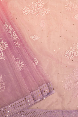 Dual-Tone Pink and Lavender Organza Chikankari Saree with White Embroidery